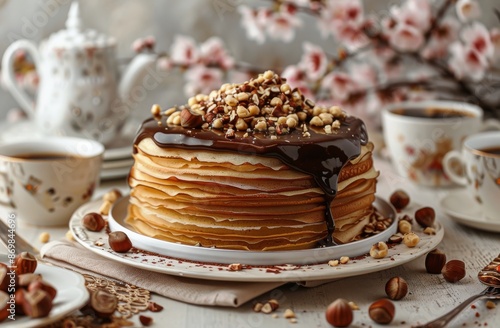 Chocolate Hazelnut Crepe Cake With Tea and Flowers