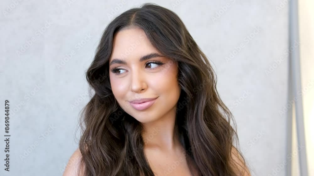 Beautiful Woman Studio. Pretty young girl with ideal skin, perfect makeup, waving hairs. Skincare cosmetics ad. Natural beauty. ProRes codec Beautiful Woman Studio. Pretty young girl with ideal skin, perfect makeup, waving hairs. Skincare cosmetics ad. Natural beauty. ProRes codec