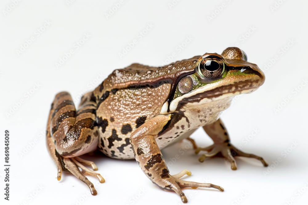 Fototapeta premium the beside view Common Frog, left side view, white copy space on right, isolated on white background