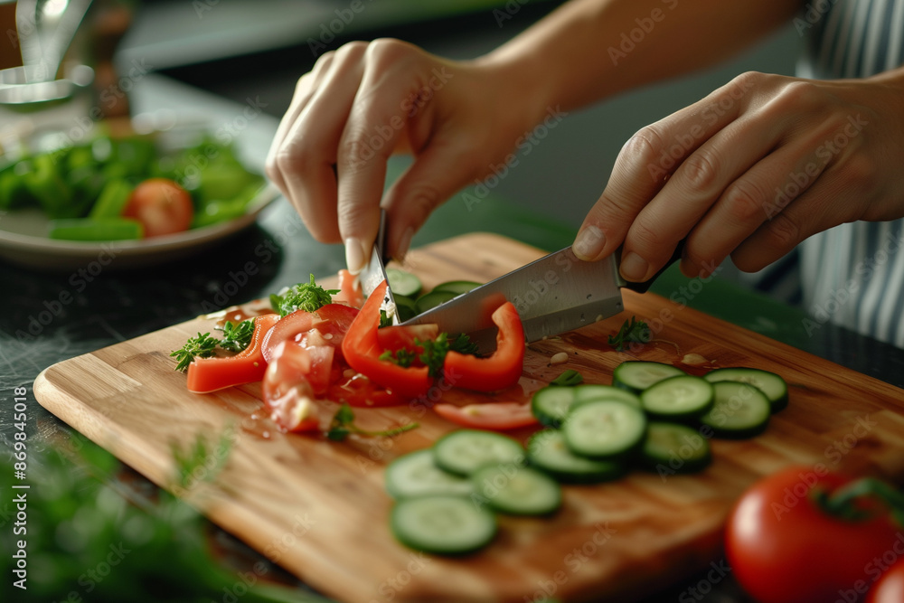 closeup photo of hands chopping fresh organic vegetables such as cucumbers, tomatoes, and bell peppers on a board. The modern kitchen setting includes stylish kitchen utensils and closeup photo of hands chopping fresh organic vegetables such as cucumbers, tomatoes, and bell peppers on a board. The modern kitchen setting includes stylish kitchen utensils and