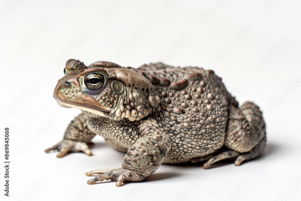 the beside view Common Toad, left side view, white copy space on right, isolated on white background the beside view Common Toad, left side view, white copy space on right, isolated on white background