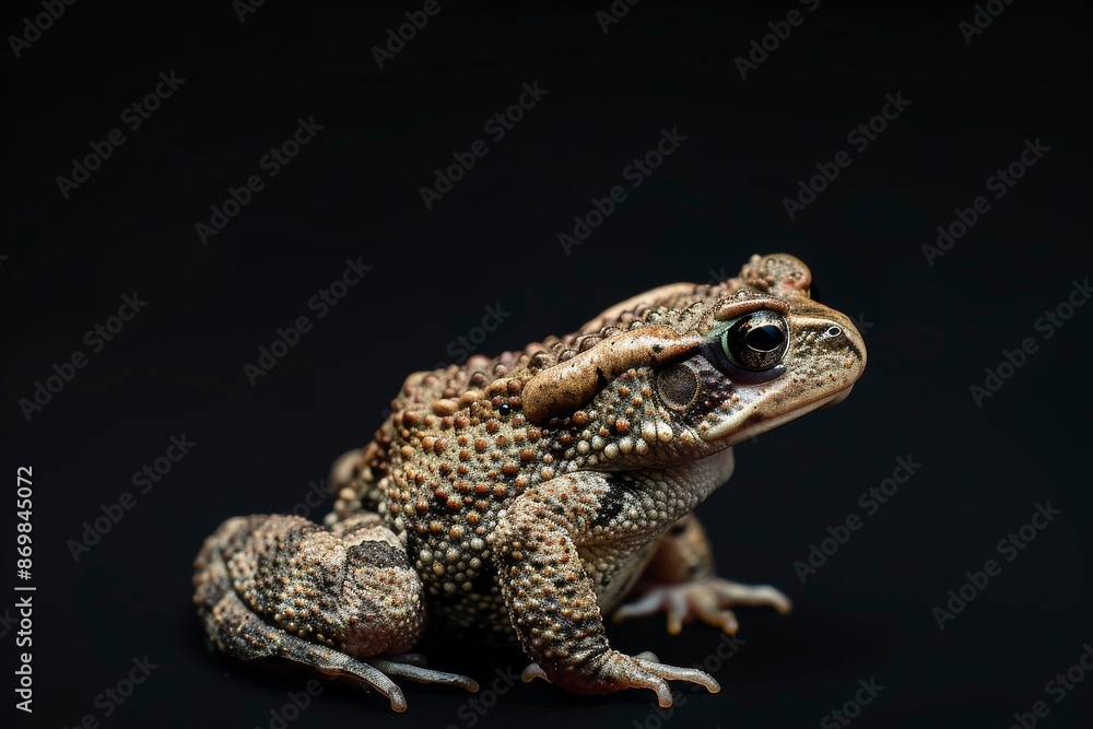 the beside view Common Toad, left side view, white copy space on right, isolated on black background the beside view Common Toad, left side view, white copy space on right, isolated on black background