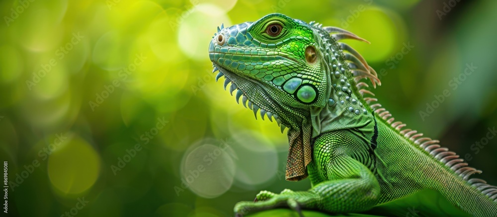Fototapeta premium Green Iguana, green background Generative AI