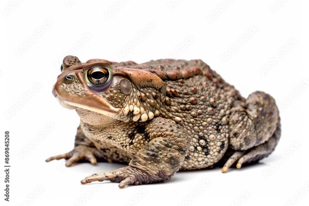 the beside view Common Toad, left side view, white copy space on right, dutch angle view, isolated on white background the beside view Common Toad, left side view, white copy space on right, dutch angle view, isolated on white background