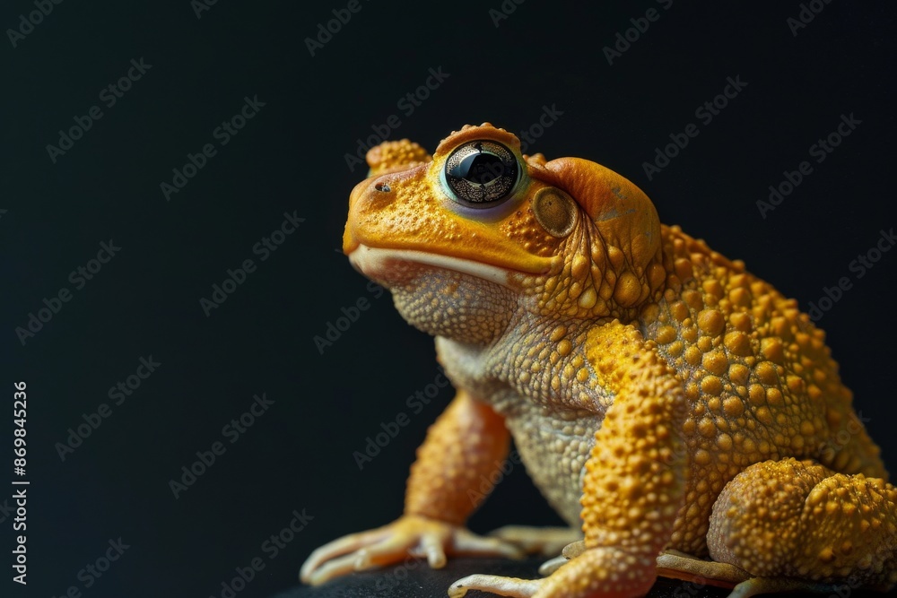 the beside view Golden Toad, left side view, white copy space on right, isolated on black background the beside view Golden Toad, left side view, white copy space on right, isolated on black background