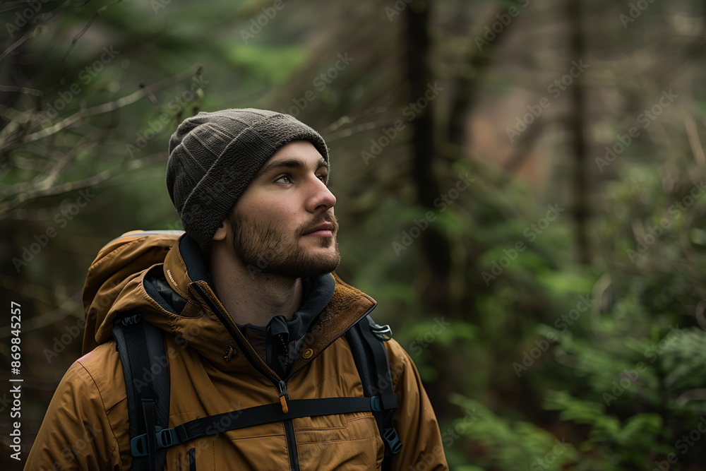 closeup photo of a man standing alone in a forest clearing, looking deep in thought. He wears simple, rugged outdoor clothing, with the natural, tranquil environment around him emp closeup photo of a man standing alone in a forest clearing, looking deep in thought. He wears simple, rugged outdoor clothing, with the natural, tranquil environment around him emp