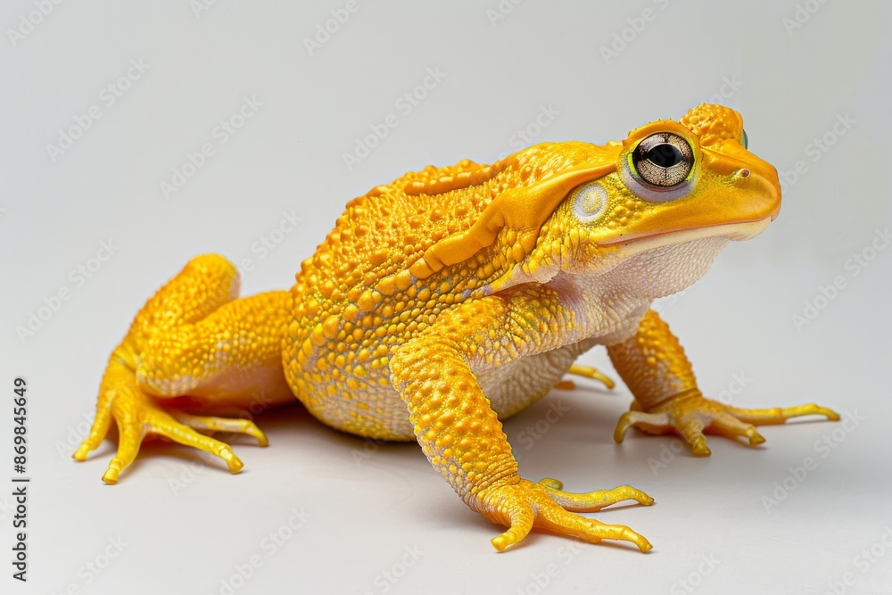 the beside view Golden Toad, left side view, white copy space on right, isolated on white background the beside view Golden Toad, left side view, white copy space on right, isolated on white background