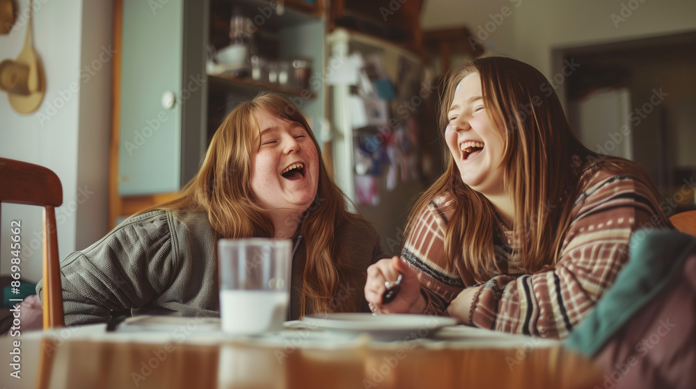 Two young women with Down-Syndrome are sitting at a kitchen table, enjoying breakfast and laughing together Two young women with Down-Syndrome are sitting at a kitchen table, enjoying breakfast and laughing together