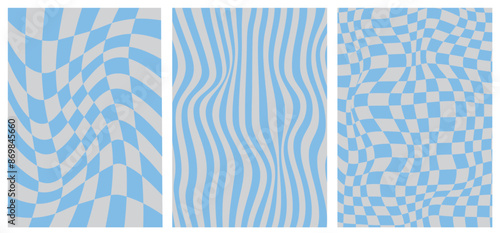Set of abstract backgrounds in blue shades. Distorted squares, distorted checkerboard, vertical wavy stripes.