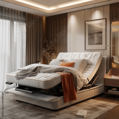 Adjustable mattress bed, tipped up for reading in bed