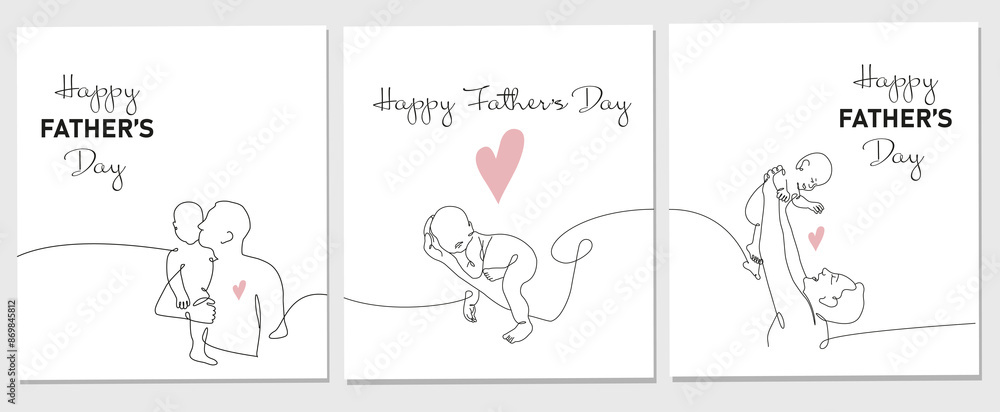 Vector set of one line drawing greeting card for Happy Father Day. Vector illustration of father holding a new born baby in oneline style on white background Vector set of one line drawing greeting card for Happy Father Day. Vector illustration of father holding a new born baby in oneline style on white background