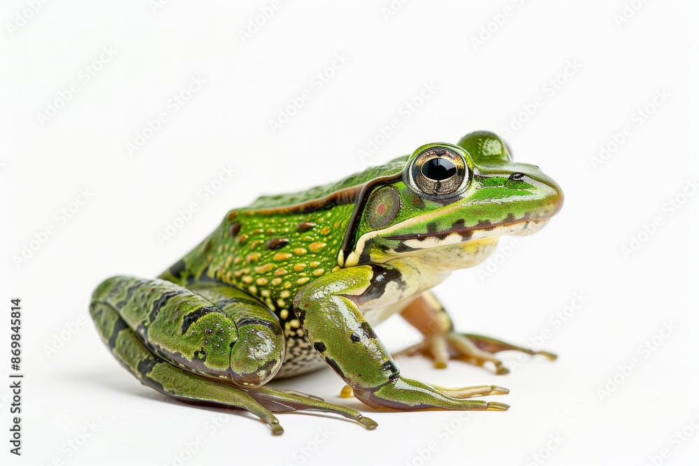 the beside view Green Paddy Frog, left side view, white copy space on right, dutch angle view, isolated on white background the beside view Green Paddy Frog, left side view, white copy space on right, dutch angle view, isolated on white background