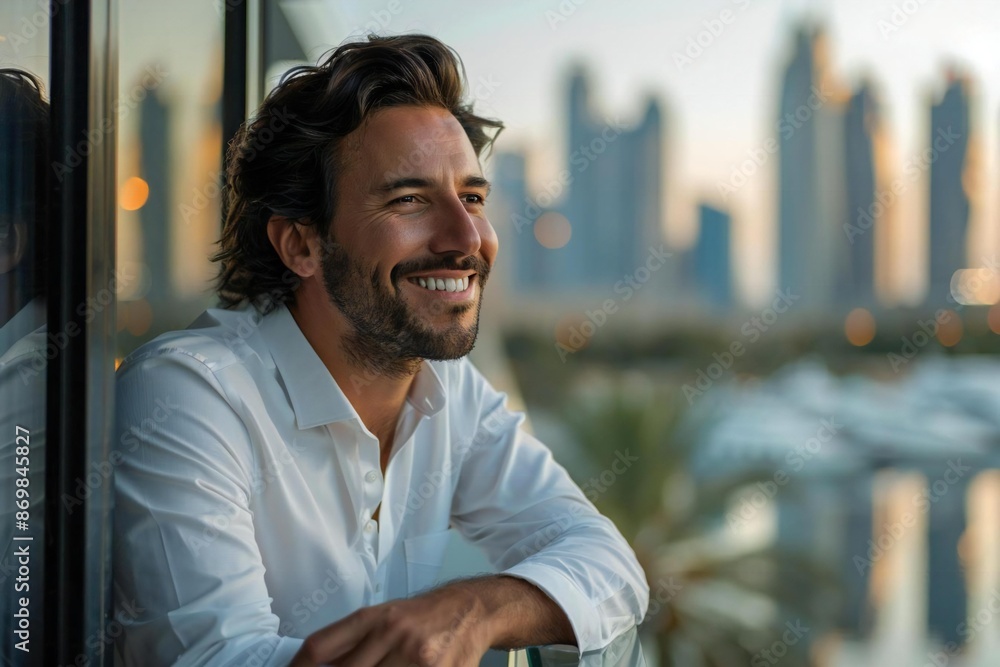 Obraz premium Innovative Entrepreneur Poses with Cityscape Reflection in Glass Door, Sporting Confident Smile