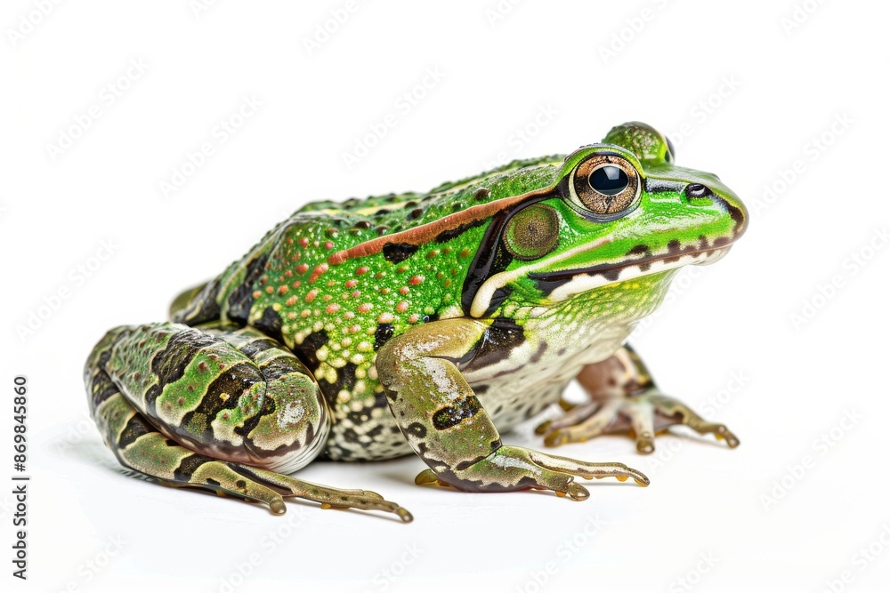 Fototapeta premium the beside view Green Paddy Frog, left side view, white copy space on right, dutch angle view, isolated on white background