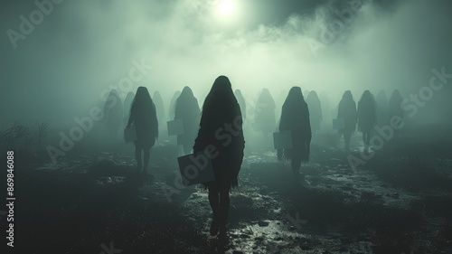 Mysterious silhouettes of hooded figures walking through misty fog at night carrying briefcases in ominous eerie landscape under moonlightMysterious photo