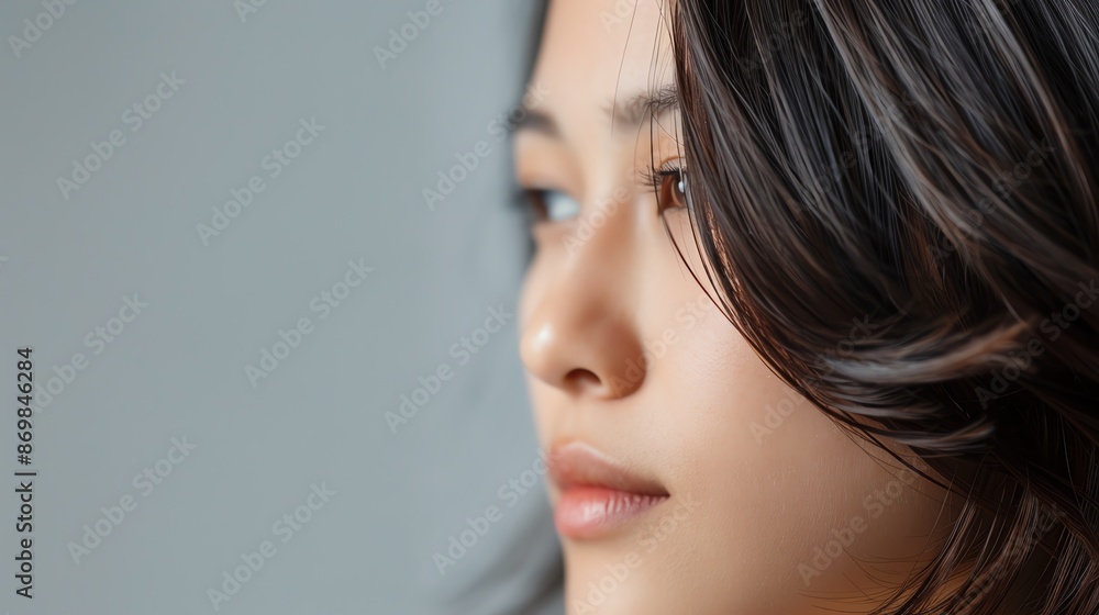 Close-up profile of a young woman with smooth skin and silky hair against a gray background, showcasing natural beauty and elegance. Close-up profile of a young woman with smooth skin and silky hair against a gray background, showcasing natural beauty and elegance.