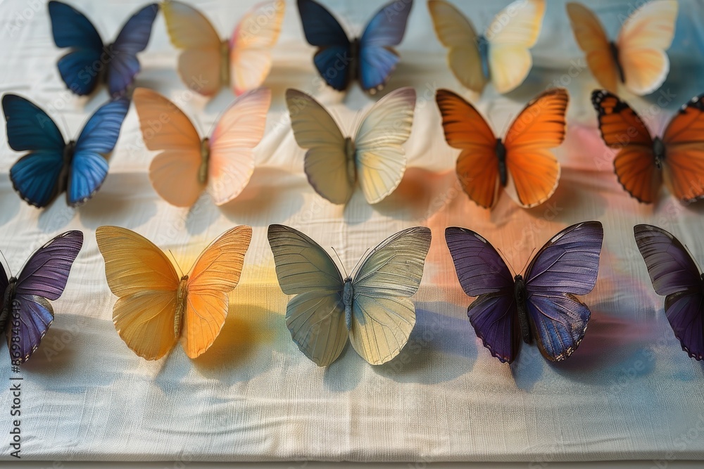 Vibrant Collection of Colorful Butterflies Displayed in Artistic Array on White Background, Showcasing Butterflies in Blue, Orange, and Purple Huesbutterflies Vibrant Collection of Colorful Butterflies Displayed in Artistic Array on White Background, Showcasing Butterflies in Blue, Orange, and Purple Huesbutterflies