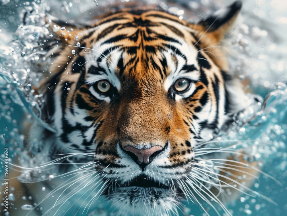 Tiger in mid-dive, breaking water surface, captured underwater, wide angle closeup, highlighting hunting agility and wild beauty, a mesmerizing snapshot of nature Tiger in mid-dive, breaking water surface, captured underwater, wide angle closeup, highlighting hunting agility and wild beauty, a mesmerizing snapshot of nature