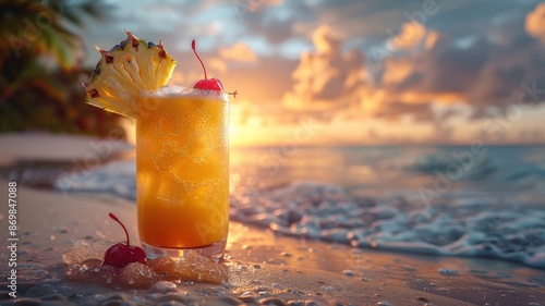 Refreshing tropical cocktail with pineapple slice and cherries on a sandy beach during a vibrant sunset with ocean waves in the backgroundtropical cocktail photo