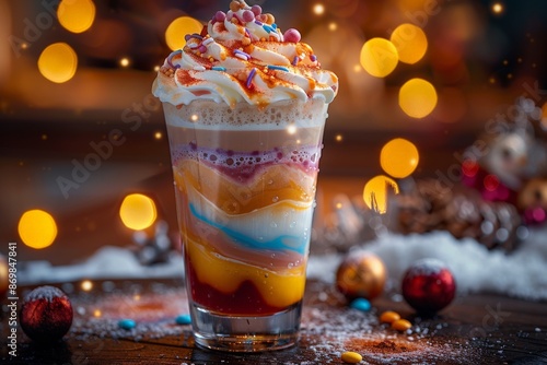 Festive Christmas Holiday Dessert Drink with Whipped Cream, Colorful Layers, Sprinkles, and Bokeh Lights in Cozy Warm SettingColorful drink photo