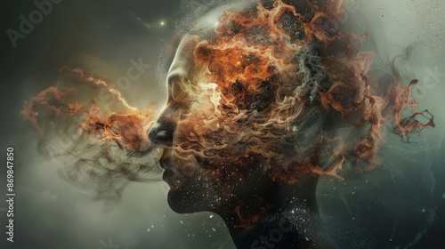 A captivating visual representing a surreal human head with dense, swirling smoke enveloping it, portraying abstract thoughts, dreams, and deep subconscious emotions.