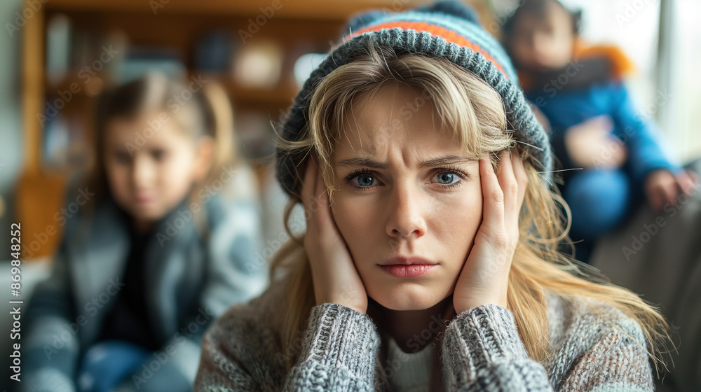 a woman has headache and stress because of children's problems , children on background .A mother suffers from headaches, tension and psychological pressure due to her children’s problems a woman has headache and stress because of children's problems , children on background .A mother suffers from headaches, tension and psychological pressure due to her children’s problems