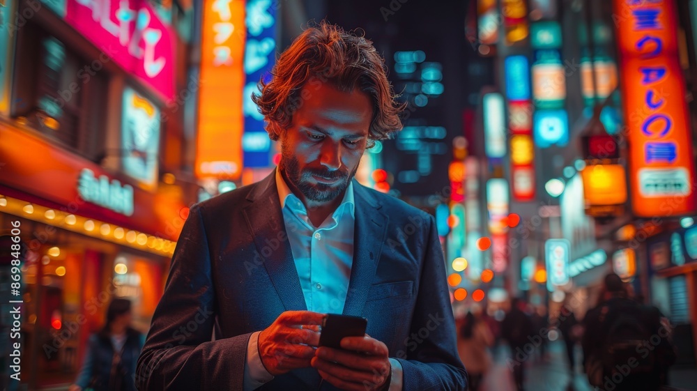 Businessman Standing in Illuminated Neon-Lit Night City Street Using Smartphone in Suit, Surrounded by Vibrant Urban CityscapeBusinessman Businessman Standing in Illuminated Neon-Lit Night City Street Using Smartphone in Suit, Surrounded by Vibrant Urban CityscapeBusinessman