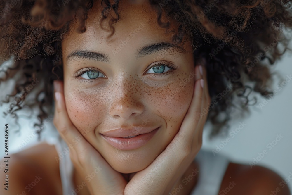 Close-up portrait of a young woman with curly natural hair and blue eyes, showcasing natural beauty with freckles, smiling with hands on face, on a bright backgroundSmile