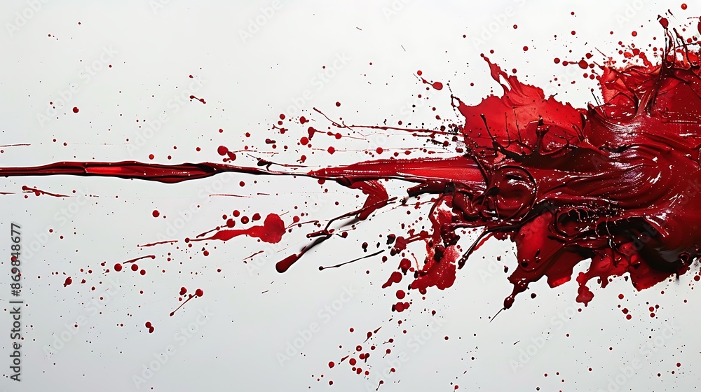 Fototapeta premium Captivating ruby paint splatters capturing attention against a blank white backdrop.
