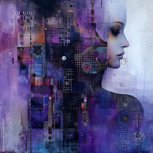 surreal painting of a woman in a dreamlike setting with ethereal hues of purple and silver photo