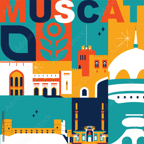 Typography word Muscat branding technology concept. Collection of flat vector web icons. Arabian culture travel set, architectures, specialties detailed silhouette. Doodle famous landmarks.