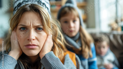 a woman has headache and stress because of children's problems , children on background .A mother suffers from headaches, tension and psychological pressure due to her children’s problems