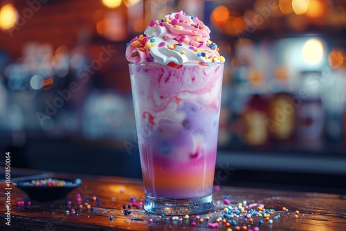 Delicious colorful milkshake with whipped cream, sprinkles, and candy toppings in a tall glass on a wooden counter in a cozy cafe with bokeh lightsdessert