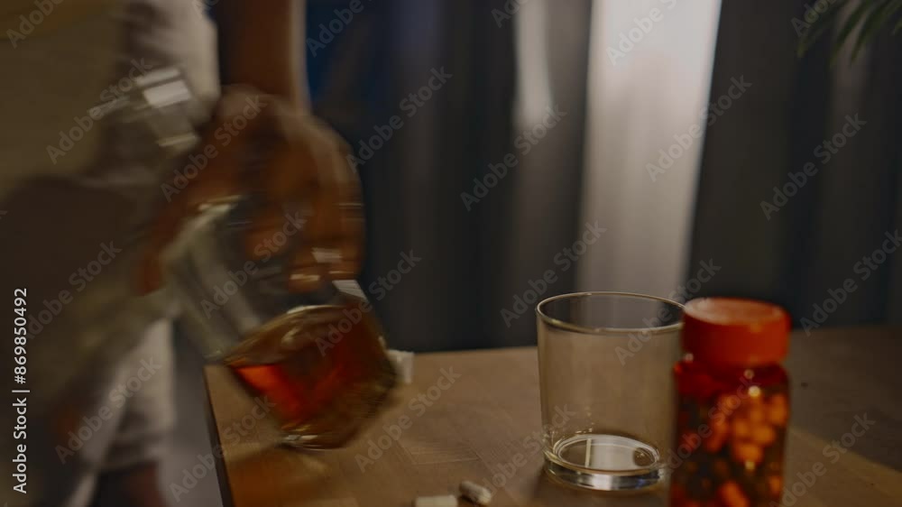 Closeup of open bottle of whiskey on wooden table next to plastic jar of sedatives. Anonymous woman walking to table and taking bottle of liquor to cope with insomnia, copy space