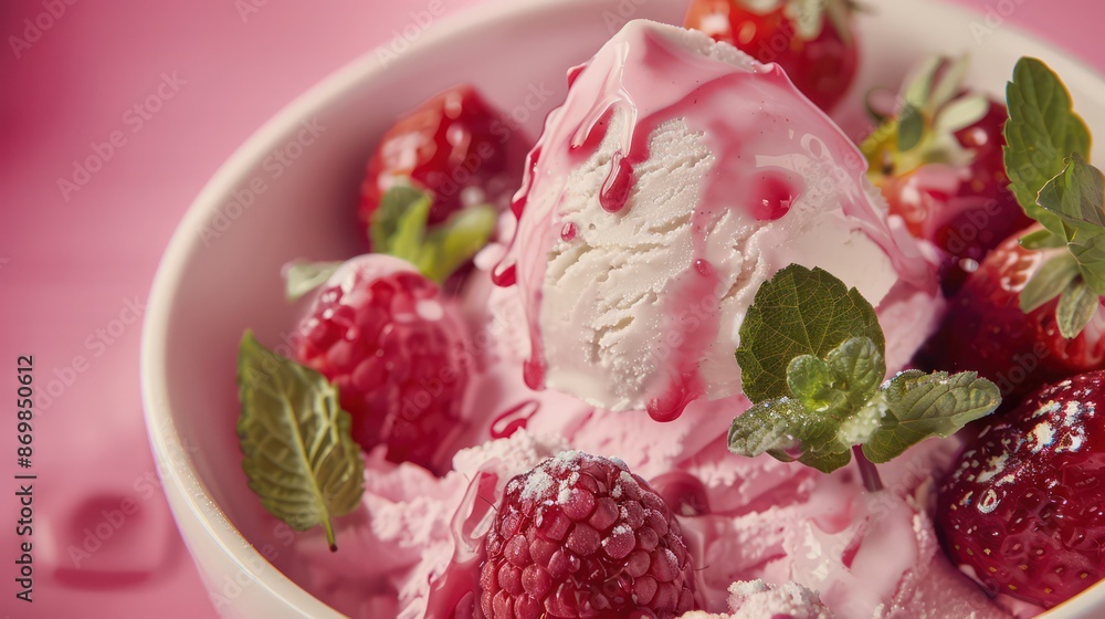 This image features a tempting scoop of pink ice cream topped with fresh raspberries, strawberries, and mint leaves, creating a delightful and refreshing dessert scene. This image features a tempting scoop of pink ice cream topped with fresh raspberries, strawberries, and mint leaves, creating a delightful and refreshing dessert scene.
