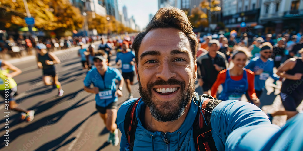 Excited marathon runner taking a selfie during city race with enthusiastic crowd in background Excited marathon runner taking a selfie during city race with enthusiastic crowd in background