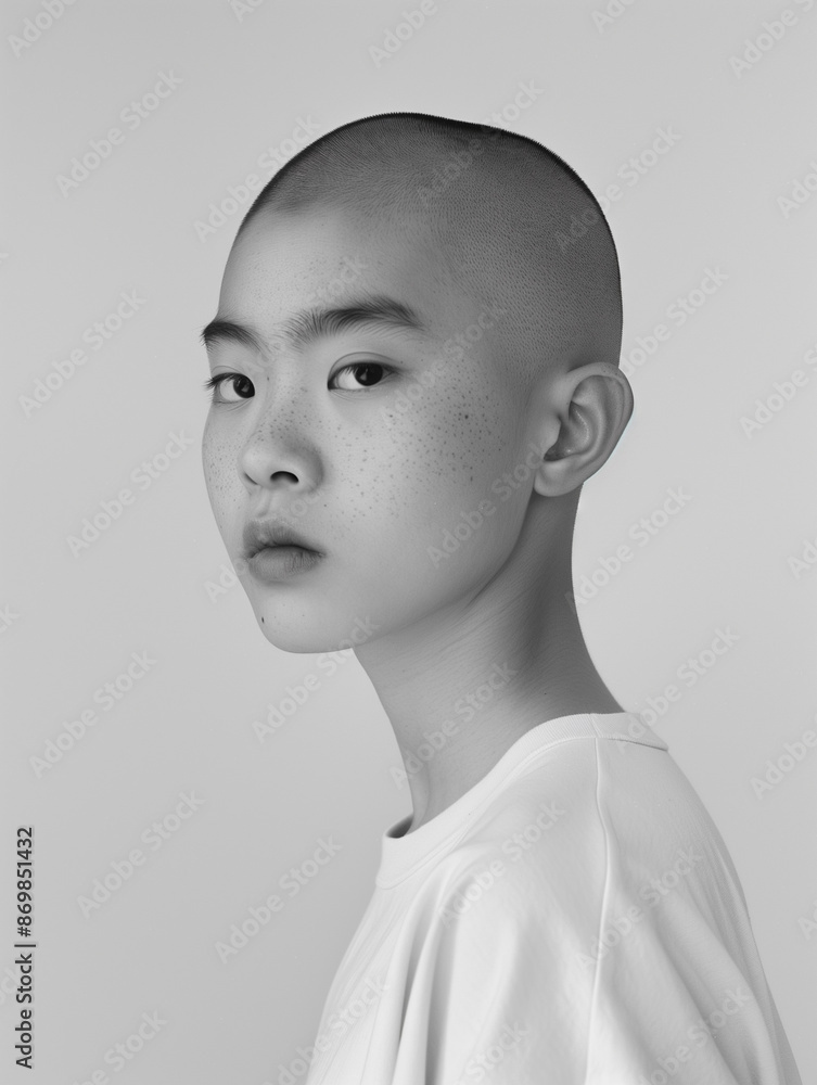 Monochrome portrait of a young asian model with shaved head striking a pose in a studio environment, highlighting a simple and understated aesthetic Monochrome portrait of a young asian model with shaved head striking a pose in a studio environment, highlighting a simple and understated aesthetic