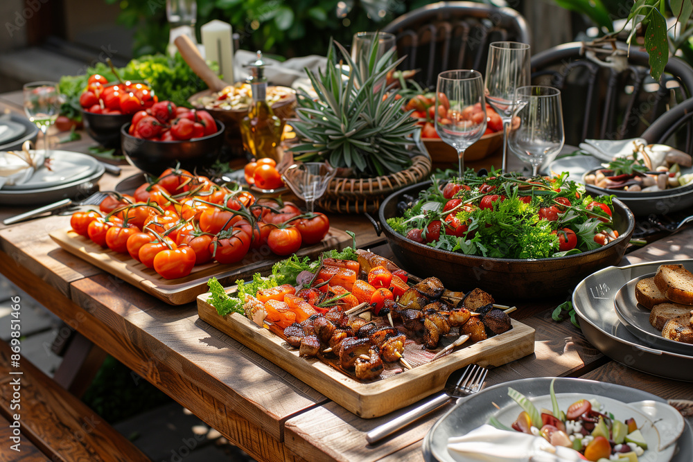 Table set for a summer barbecue with various dishes Table set for a summer barbecue with various dishes