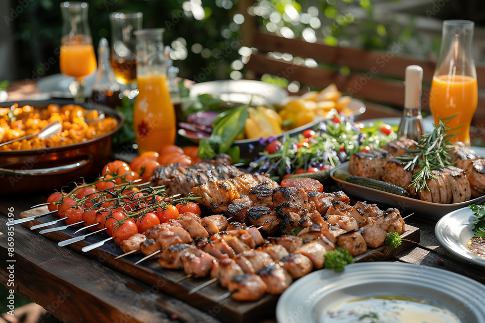 Table set for a summer barbecue with various dishes