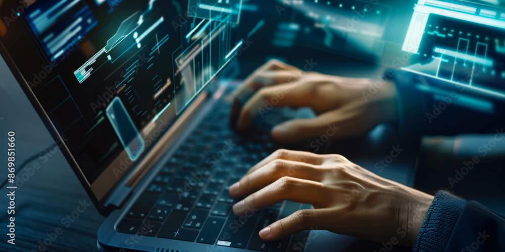 Cybersecurity Expert Typing on Laptop with Futuristic Interface Cybersecurity Expert Typing on Laptop with Futuristic Interface