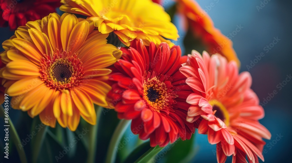 A vivid close-up of Gerbera daisies showcasing their bright petals in shades of yellow, orange, and red. Each flower is in full bloom, creating a vibrant and lively bouquet. A vivid close-up of Gerbera daisies showcasing their bright petals in shades of yellow, orange, and red. Each flower is in full bloom, creating a vibrant and lively bouquet.