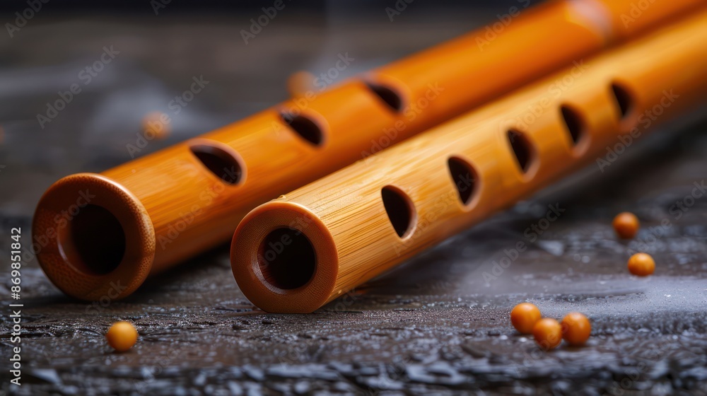 Naklejka premium A pair of beautifully crafted bamboo flutes with six holes each, displayed on a rustic wooden background alongside small decorative beads.