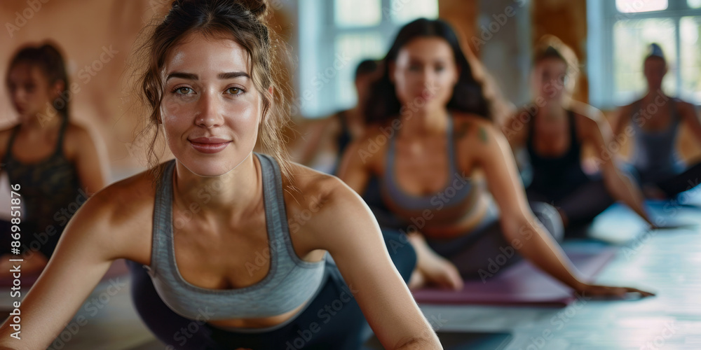 Group of women practicing yoga in a studio, focused on a young woman Group of women practicing yoga in a studio, focused on a young woman