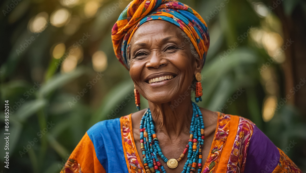 Fototapeta premium Beautiful joyful adult African woman in traditional clothing