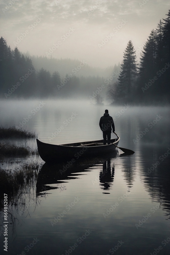Lonely Boat in the Mist with Silhouette of a Person Lonely Boat in the Mist with Silhouette of a Person