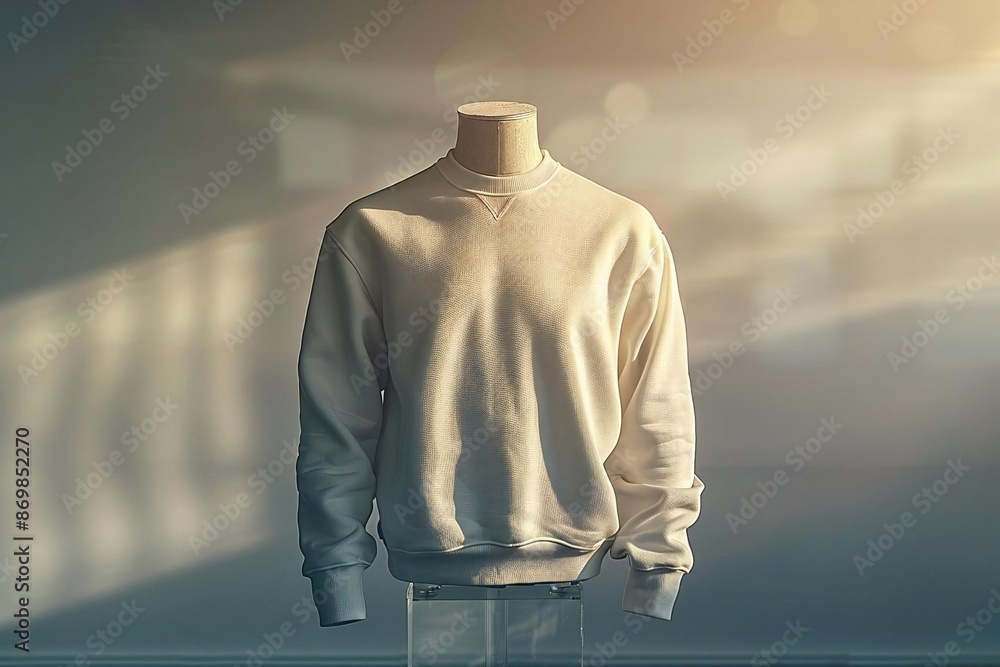 Blank male sweatshirt template in neutral tones showcased on transparent mannequin for personalized designs, set against subtle grey background. Blank male sweatshirt template in neutral tones showcased on transparent mannequin for personalized designs, set against subtle grey background.