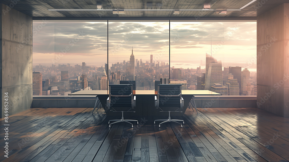 Epic modern office space with large windows overlooking a cityscape ...