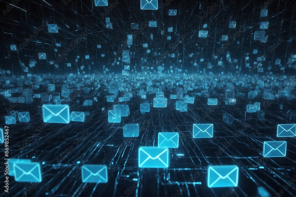 Obraz premium Flying Emails: Digital Visualization. Internet and Web: Blue Glowing Colors