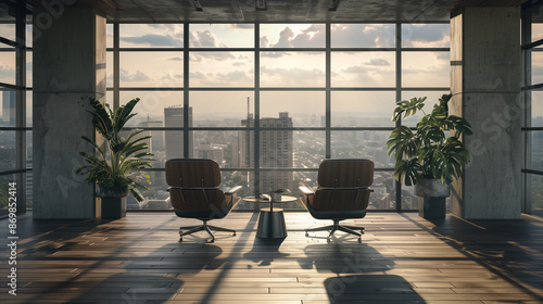 Epic modern office space with large windows overlooking a cityscape, wooden floor, concrete walls, and two chairs facing a table
