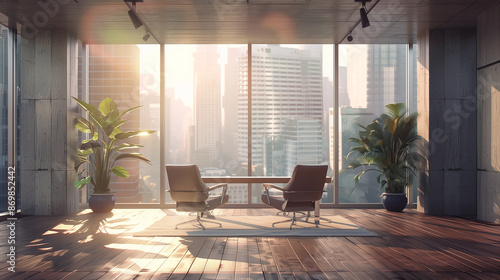 Epic modern office space with large windows overlooking a cityscape, wooden floor, concrete walls, and two chairs facing a table